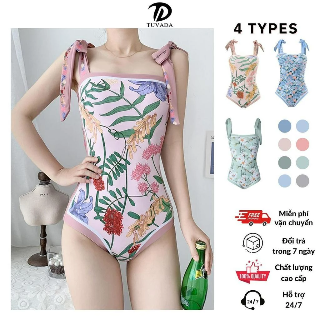 Bikini 1 mảnh Tuvada phong cách vintage, đồ bơi nữ 2 mặt, áo tắm đi biển cao cấp