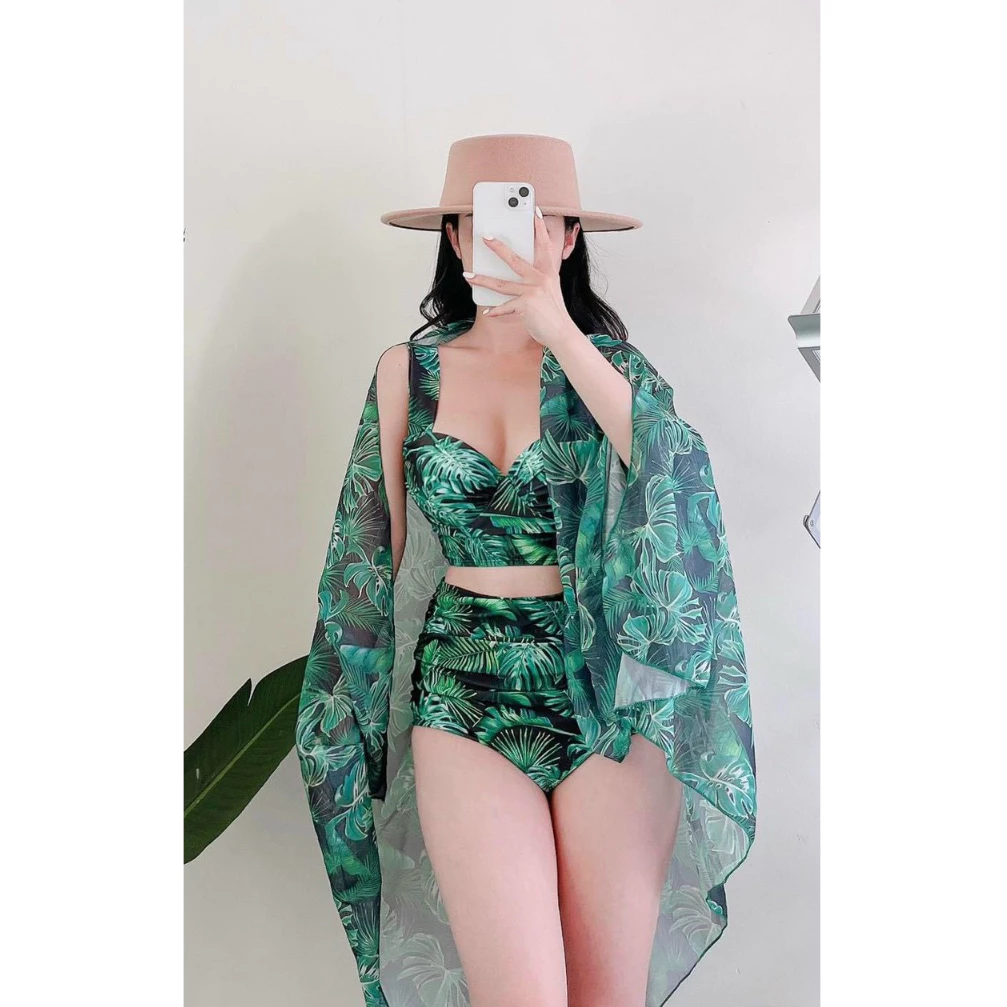 Bikini set 3 món# Đồ bơi đi biển hoa cam kèm khăn mẫu mới