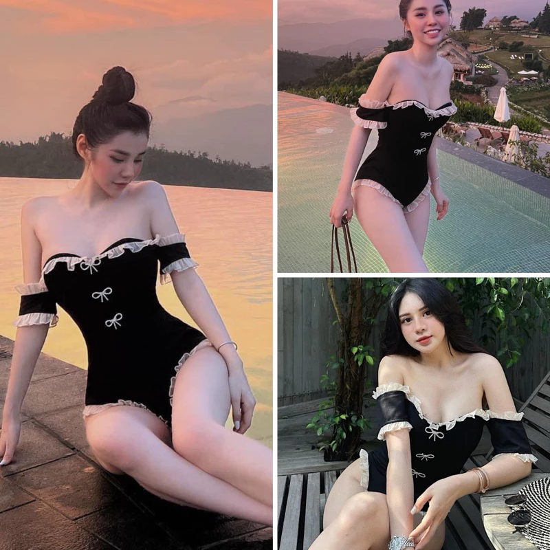 Đồ bơi nữ liền thân phối viền bèo đính nơ