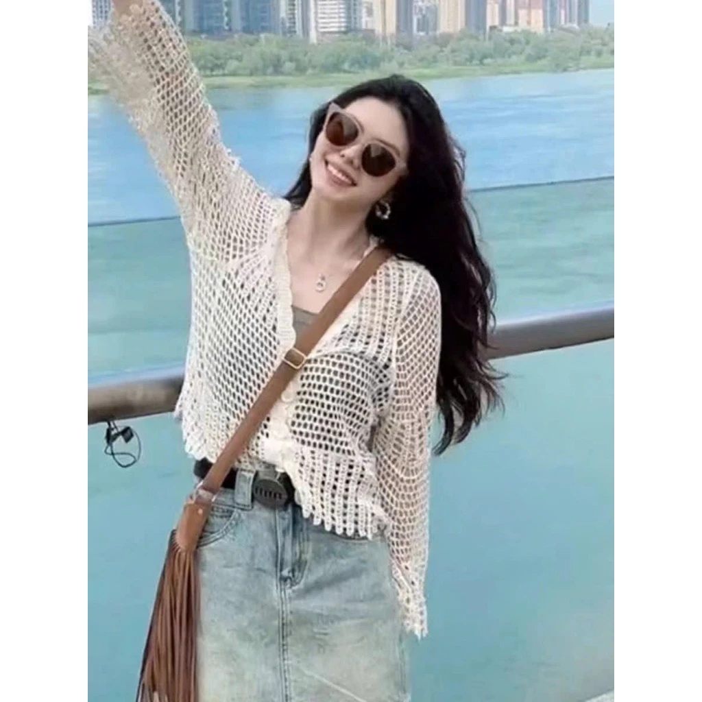 Áo khoác len nữ , áo khoác nữ ren lưới dáng croptop màu trắng be phong cách Hàn quốc mặc đi biển