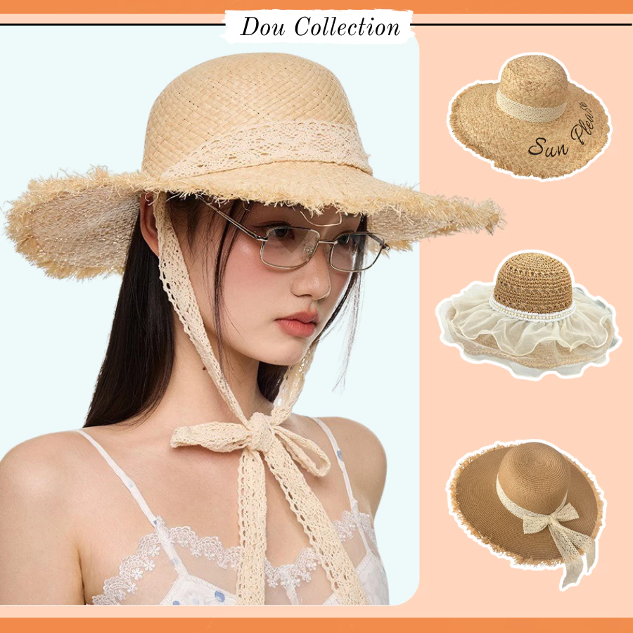 Mũ cói, Nón cói nữ mềm vành rộng sợi cói đan móc che nắng đi biển thời trang mùa hè nhiều màu